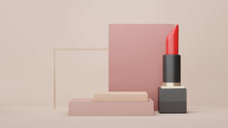 3d Display Podium for product and cosmetic presentation with lipstick and modern geometric. Platform for mock up and showing brand. Minimal clean design.の写真素材