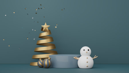 3d Display Podium for product and cosmetic presentation with Merry Christmas and Happy new year concept. Modern geometric. Platform for mock up and showing brand.の写真素材