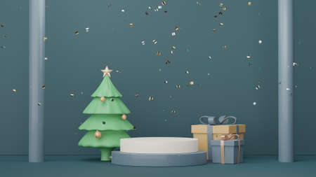3d Display Podium for product and cosmetic presentation with Merry Christmas and Happy new year concept. Modern geometric. Platform for mock up and showing brand.の写真素材