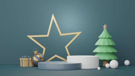 3d Display Podium for product and cosmetic presentation with Merry Christmas and Happy new year concept. Modern geometric. Platform for mock up and showing brand.の写真素材