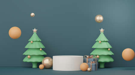 3d Display Podium for product and cosmetic presentation with Merry Christmas and Happy new year concept. Modern geometric. Platform for mock up and showing brand.の写真素材
