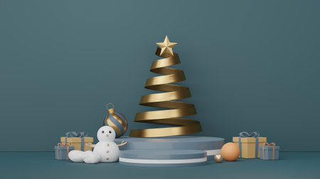 3d Display Podium for product and cosmetic presentation with Merry Christmas and Happy new year concept. Modern geometric. Platform for mock up and showing brand.の写真素材