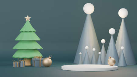 3d Display Podium for product and cosmetic presentation with Merry Christmas and Happy new year concept. Modern geometric. Platform for mock up and showing brand.の写真素材