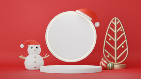 3d Display Podium for product and cosmetic presentation with Merry Christmas and Happy new year concept. Modern geometric. Platform for mock up and showing brand.の写真素材