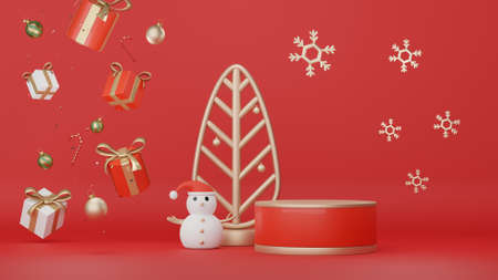 3d Display Podium for product and cosmetic presentation with Merry Christmas and Happy new year concept. Modern geometric. Platform for mock up and showing brand.の写真素材