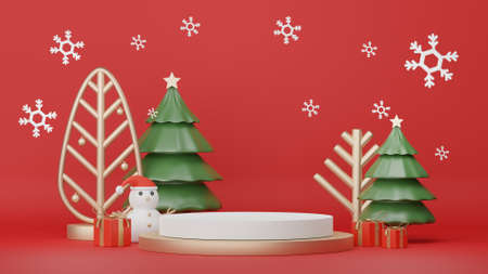 3d Display Podium for product and cosmetic presentation with Merry Christmas and Happy new year concept. Modern geometric. Platform for mock up and showing brand.の写真素材