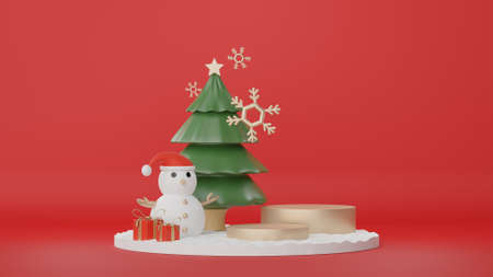 3d Display Podium for product and cosmetic presentation with Merry Christmas and Happy new year concept. Modern geometric. Platform for mock up and showing brand.の写真素材