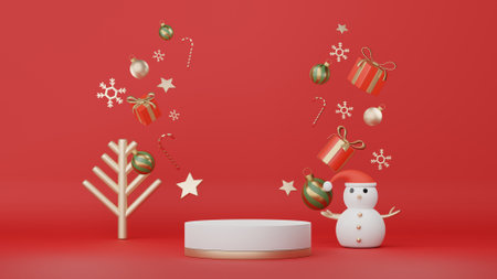 3d Display Podium for product and cosmetic presentation with Merry Christmas and Happy new year concept. Modern geometric. Platform for mock up and showing brand.の写真素材