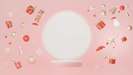 3d Display Podium for product and cosmetic presentation with Merry Christmas and Happy new year concept. Modern geometric. Platform for mock up and showing brand.の写真素材