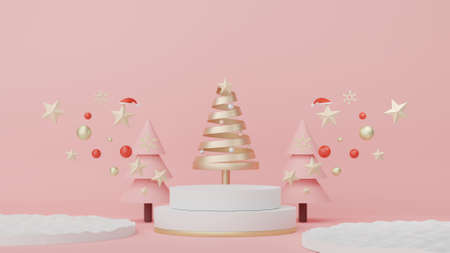 3d Display Podium for product and cosmetic presentation with Merry Christmas and Happy new year concept. Modern geometric. Platform for mock up and showing brand.の写真素材