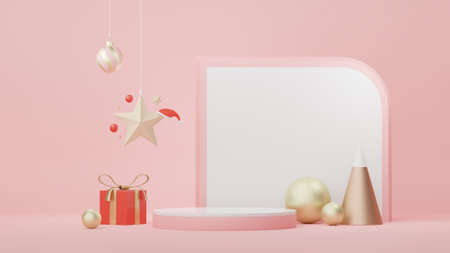 3d Display Podium for product and cosmetic presentation with Merry Christmas and Happy new year concept. Modern geometric. Platform for mock up and showing brand.の写真素材
