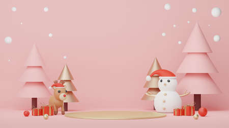 3d Display Podium for product and cosmetic presentation with Merry Christmas and Happy new year concept. Modern geometric. Platform for mock up and showing brand.の写真素材