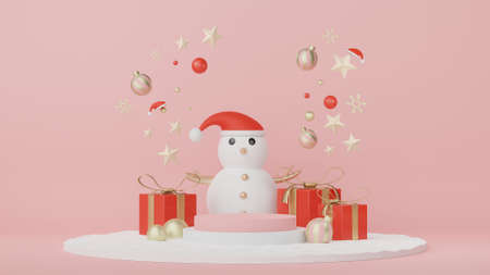3d Display Podium for product and cosmetic presentation with Merry Christmas and Happy new year concept. Modern geometric. Platform for mock up and showing brand.の写真素材