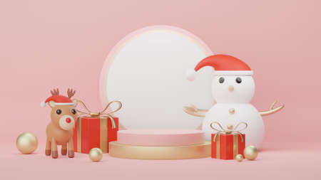 3d Display Podium for product and cosmetic presentation with Merry Christmas and Happy new year concept. Modern geometric. Platform for mock up and showing brand.の写真素材
