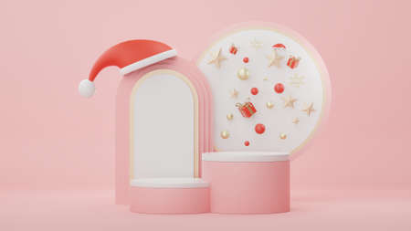 3d Display Podium for product and cosmetic presentation with Merry Christmas and Happy new year concept. Modern geometric. Platform for mock up and showing brand.の写真素材