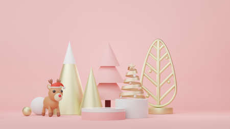 3d Display Podium for product and cosmetic presentation with Merry Christmas and Happy new year concept. Modern geometric. Platform for mock up and showing brand.の写真素材