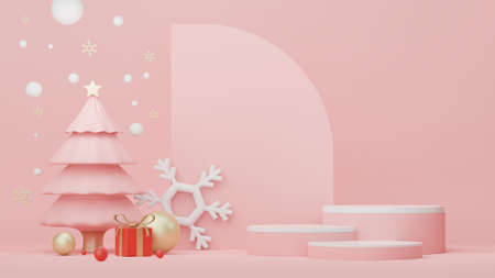 3d Display Podium for product and cosmetic presentation with Merry Christmas and Happy new year concept. Modern geometric. Platform for mock up and showing brand.の写真素材