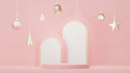 3d Display Podium for product and cosmetic presentation with Merry Christmas and Happy new year concept. Modern geometric. Platform for mock up and showing brand.の写真素材