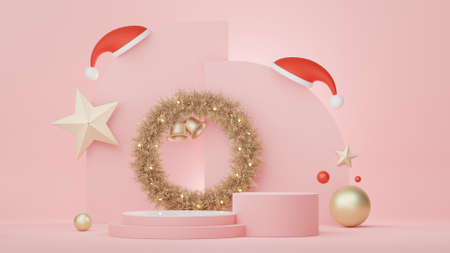 3d Display Podium for product and cosmetic presentation with Merry Christmas and Happy new year concept. Modern geometric. Platform for mock up and showing brand.の写真素材