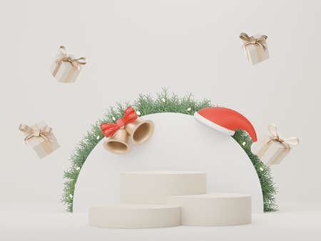 3d Display Podium for product and cosmetic presentation with Merry Christmas and Happy new year concept. Modern geometric. Platform for mock up and showing brand.の写真素材