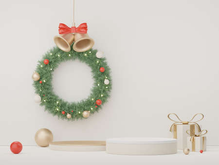 3d Display Podium for product and cosmetic presentation with Merry Christmas and Happy new year concept. Modern geometric. Platform for mock up and showing brand.の写真素材