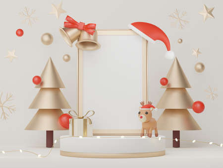 3d Display Podium for product and cosmetic presentation with Merry Christmas and Happy new year concept. Modern geometric. Platform for mock up and showing brand.の写真素材