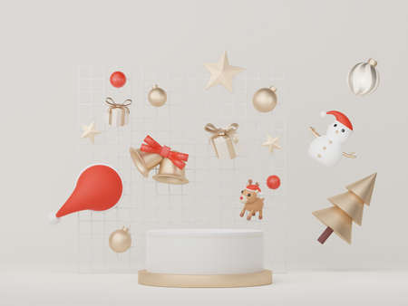 3d Display Podium for product and cosmetic presentation with Merry Christmas and Happy new year concept. Modern geometric. Platform for mock up and showing brand.の写真素材
