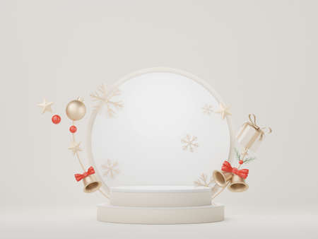 3d Display Podium for product and cosmetic presentation with Merry Christmas and Happy new year concept. Modern geometric. Platform for mock up and showing brand.の写真素材
