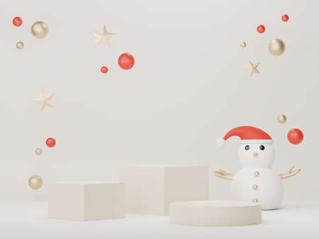 3d Display Podium for product and cosmetic presentation with Merry Christmas and Happy new year concept. Modern geometric. Platform for mock up and showing brand.の写真素材