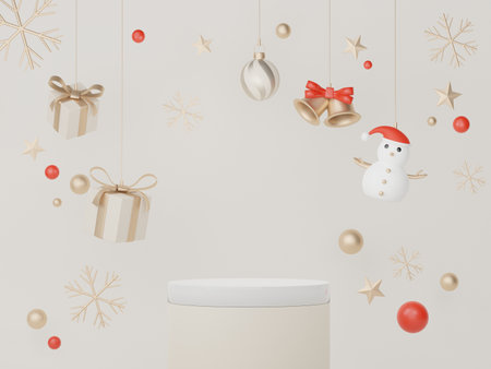 3d Display Podium for product and cosmetic presentation with Merry Christmas and Happy new year concept. Modern geometric. Platform for mock up and showing brand.の写真素材