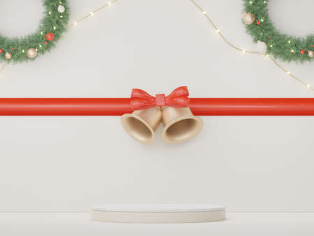 3d Display Podium for product and cosmetic presentation with Merry Christmas and Happy new year concept. Modern geometric. Platform for mock up and showing brand.の写真素材