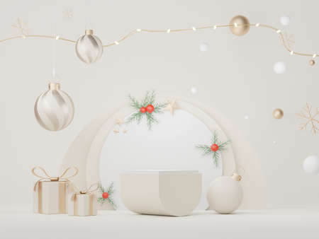 3d Display Podium for product and cosmetic presentation with Merry Christmas and Happy new year concept. Modern geometric. Platform for mock up and showing brand.の写真素材