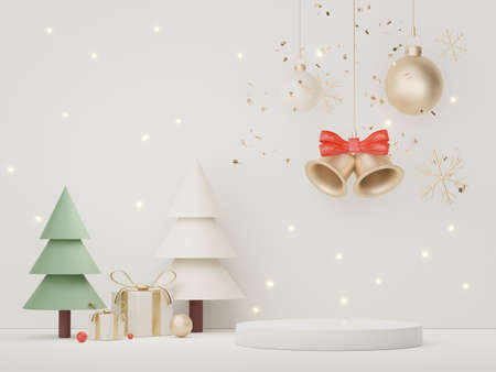 3d Display Podium for product and cosmetic presentation with Merry Christmas and Happy new year concept. Modern geometric. Platform for mock up and showing brand.の写真素材