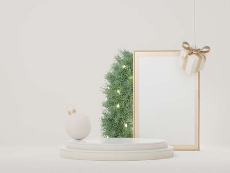 3d Display Podium for product and cosmetic presentation with Merry Christmas and Happy new year concept. Modern geometric. Platform for mock up and showing brand.の写真素材