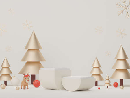 3d Display Podium for product and cosmetic presentation with Merry Christmas and Happy new year concept. Modern geometric. Platform for mock up and showing brand.の写真素材