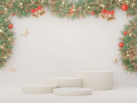 3d Display Podium for product and cosmetic presentation with Merry Christmas and Happy new year concept. Modern geometric. Platform for mock up and showing brand.の写真素材