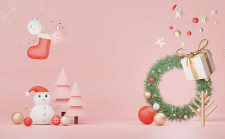 3d Display scene for product and cosmetic presentation with Merry Christmas and Happy new year concept. Modern geometric. Platform for mock up and showing brand.の写真素材