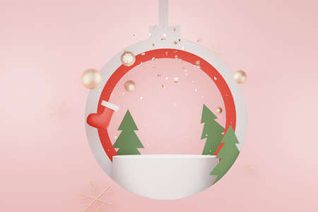 3d Display Podium for product and cosmetic presentation with Merry Christmas and Happy new year concept. Modern geometric. Platform for mock up and showing brand.の写真素材
