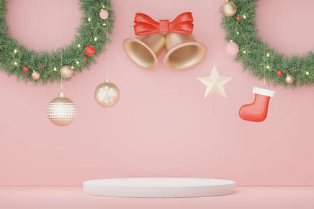 3d Display Podium for product and cosmetic presentation with Merry Christmas and Happy new year concept. Modern geometric. Platform for mock up and showing brand.の写真素材