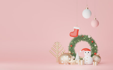 3d Display scene for product and cosmetic presentation with Merry Christmas and Happy new year concept. Modern geometric. Platform for mock up and showing brand.の写真素材