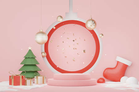 3d Display Podium for product and cosmetic presentation with Merry Christmas and Happy new year concept. Modern geometric. Platform for mock up and showing brand.の写真素材