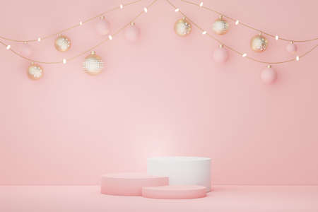 3d Display Podium for product and cosmetic presentation with Merry Christmas and Happy new year concept. Modern geometric. Platform for mock up and showing brand.の写真素材