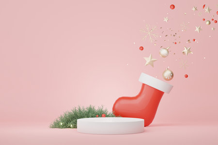3d Display Podium for product and cosmetic presentation with Merry Christmas and Happy new year concept. Modern geometric. Platform for mock up and showing brand.の写真素材