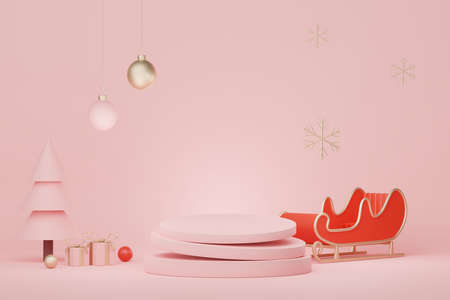 3d Display Podium for product and cosmetic presentation with Merry Christmas and Happy new year concept. Modern geometric. Platform for mock up and showing brand.の写真素材