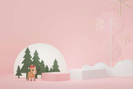 3d Display Podium for product and cosmetic presentation with Merry Christmas and Happy new year concept. Modern geometric. Platform for mock up and showing brand.の写真素材