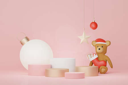 3d Display Podium for product and cosmetic presentation with Merry Christmas and Happy new year concept. Modern geometric. Platform for mock up and showing brand.の写真素材