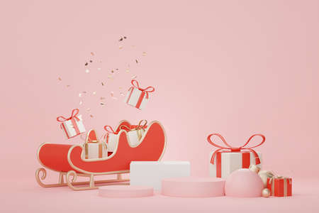 3d Display Podium for product and cosmetic presentation with Merry Christmas and Happy new year concept. Modern geometric. Platform for mock up and showing brand.の写真素材