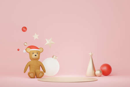 3d Display Podium for product and cosmetic presentation with Merry Christmas and Happy new year concept. Modern geometric. Platform for mock up and showing brand.の写真素材