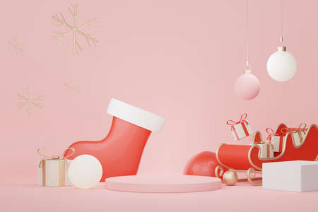 3d Display Podium for product and cosmetic presentation with Merry Christmas and Happy new year concept. Modern geometric. Platform for mock up and showing brand.の写真素材