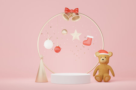 3d Display Podium for product and cosmetic presentation with Merry Christmas and Happy new year concept. Modern geometric. Platform for mock up and showing brand.の写真素材
